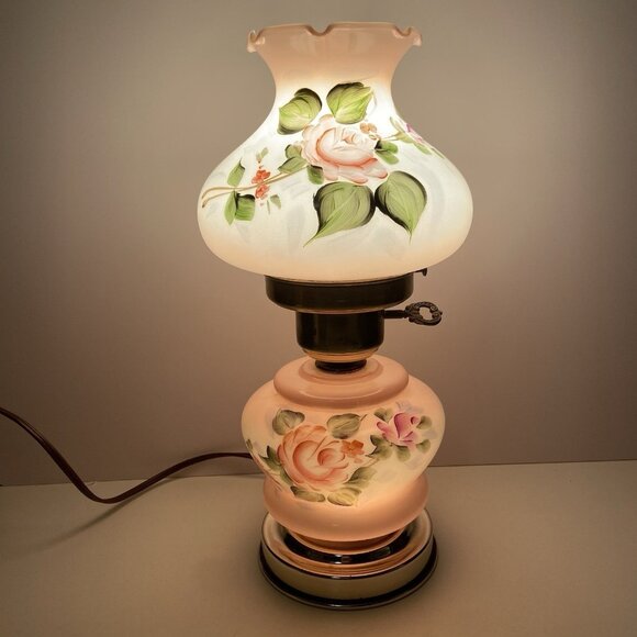 Vintage Hurricane Lamp 12.5” Pink Floral Hand Painted Glass Brass Electric - Picture 2 of 10